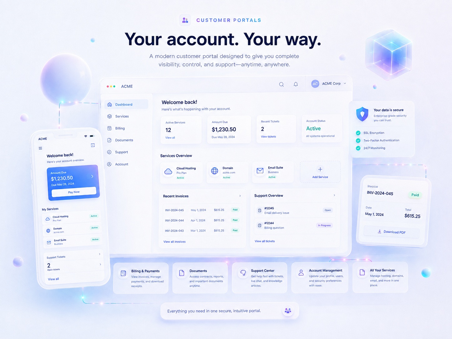 Custom customer portal with account dashboard, documents and payments