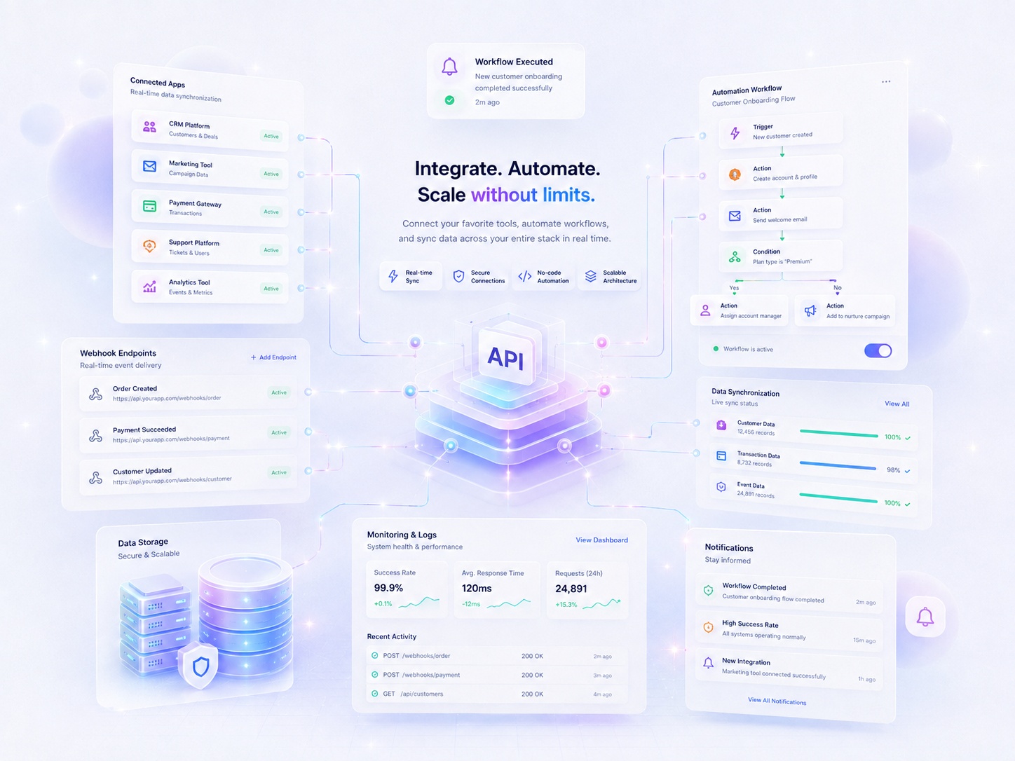 API and payment integration connections between web systems detailed interface example